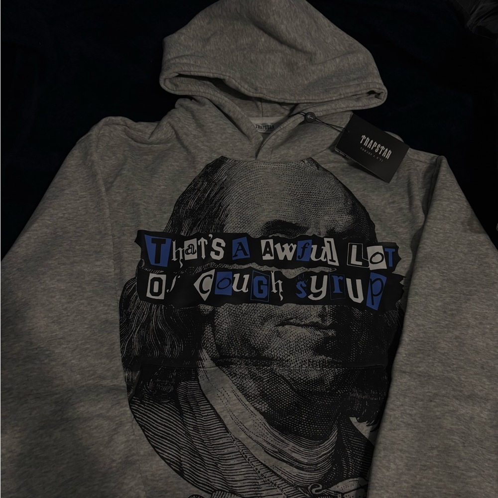 Gray Graphic Hoodie with Blue Lettering